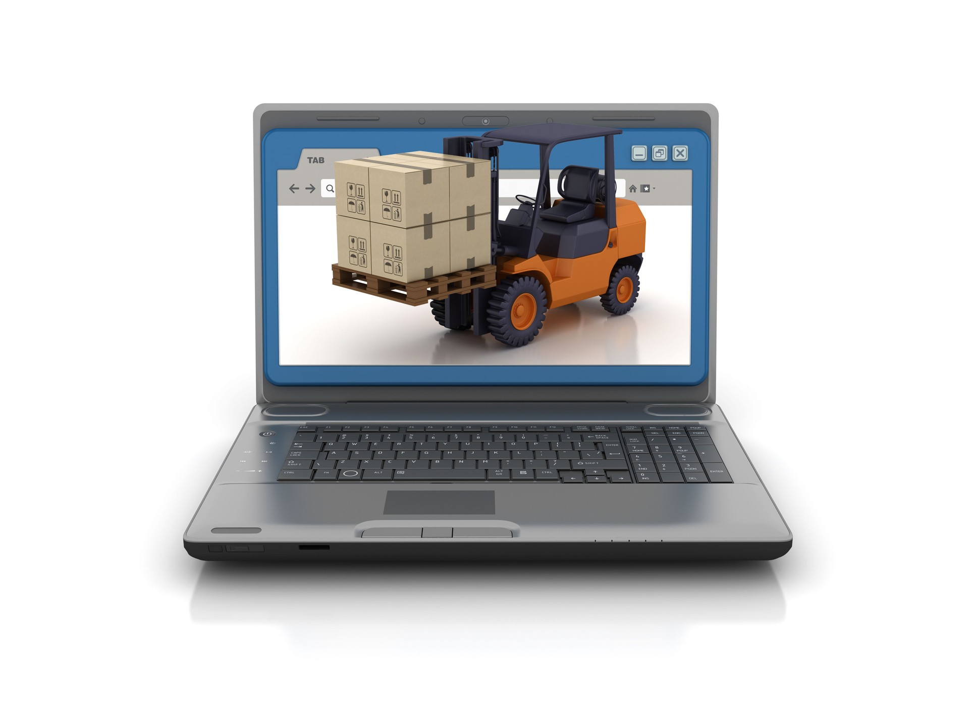 Ordenador portátil con navegador web y carretilla elevadora - Renderizado 3D