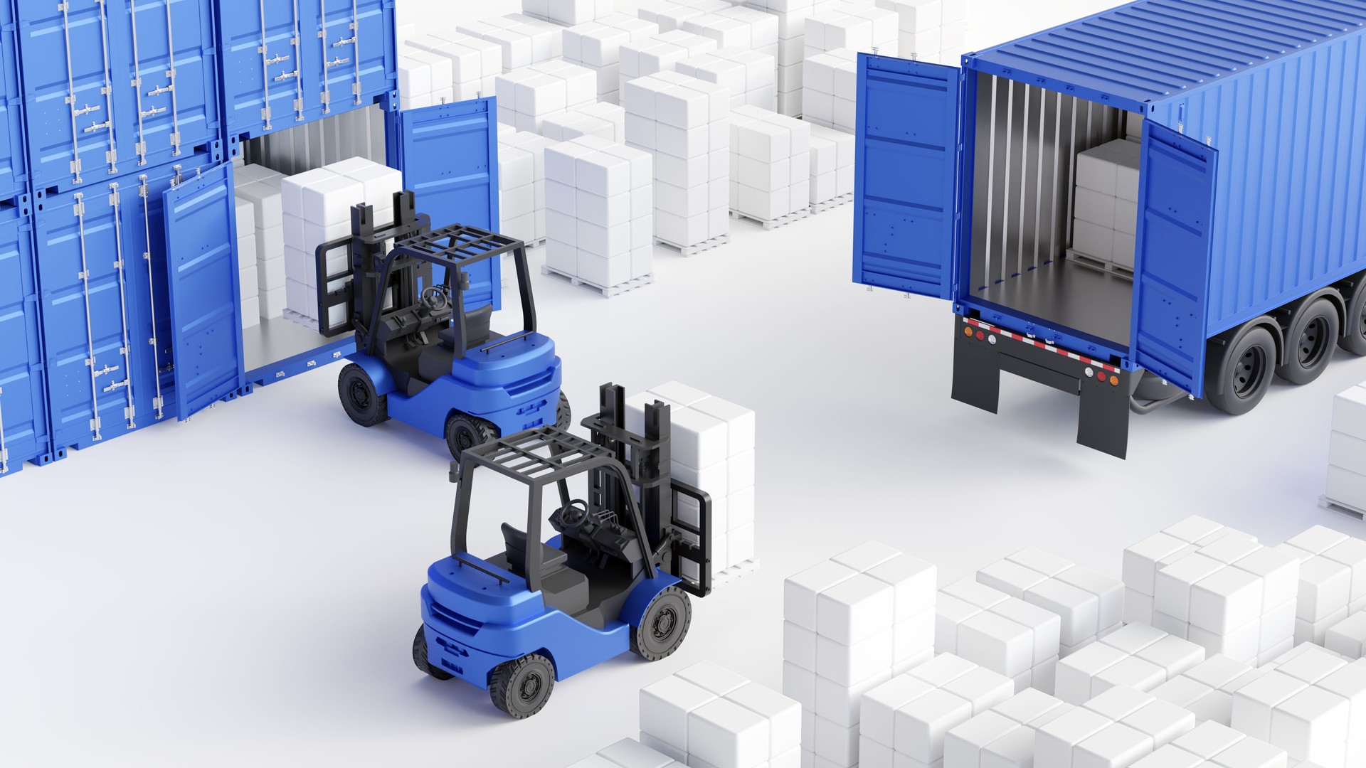 Forklifts are loading an abstract boxes into the truck with shipping container. Freight transportation and logistic concept