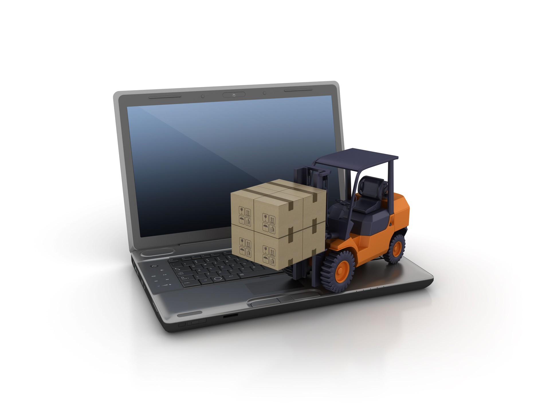 Ordenador portatil con carretilla elevadora - Render 3D